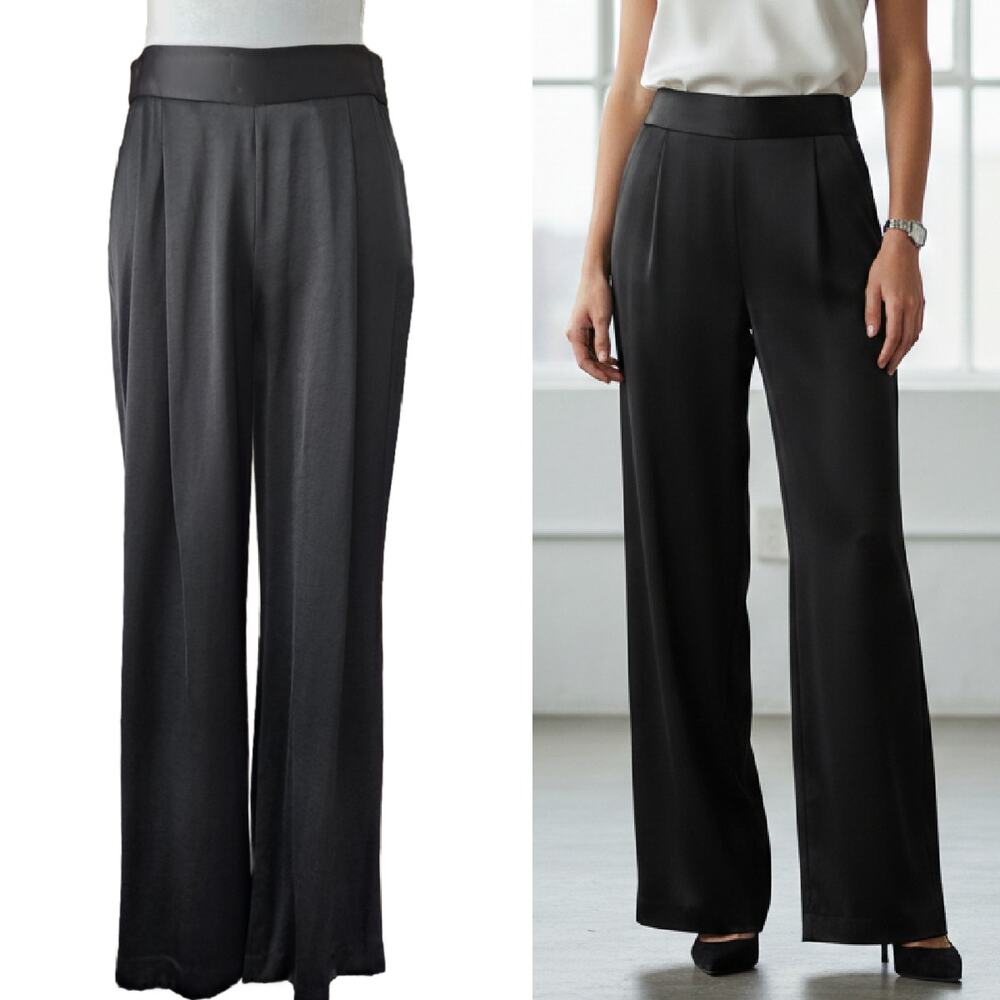 ANTONIO MELANI Black Satin High Waist Wide Leg Pants Size 10 Office Evening